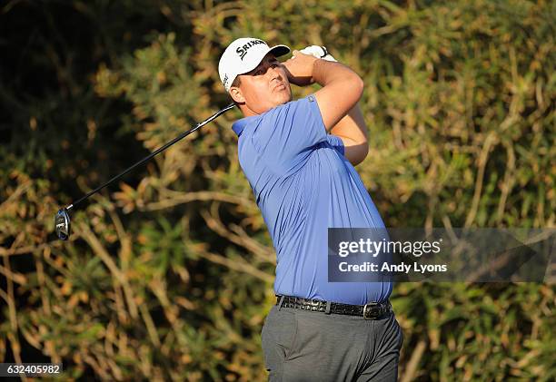 Michael Putnam hits his tee shot on the 13th hole during the first round of The Bahamas Great Abaco Classic at Abaco Club on January 22, 2017 in...