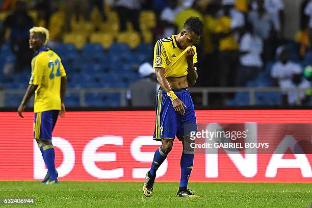 Gabon's forward Pierre-Emerick Aubameyang reacts at the end of the 2017 Africa Cup of Nations group A football match between Cameroon and Gabon at...