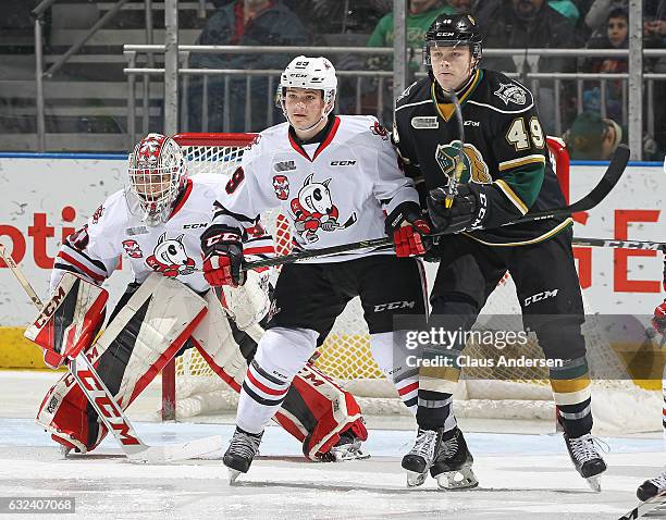 Max Jones of the London Knights skates against Liam Ham of the Niagara IceDogs during an OHL game at Budweiser Gardens on January 22, 2017 in London,...