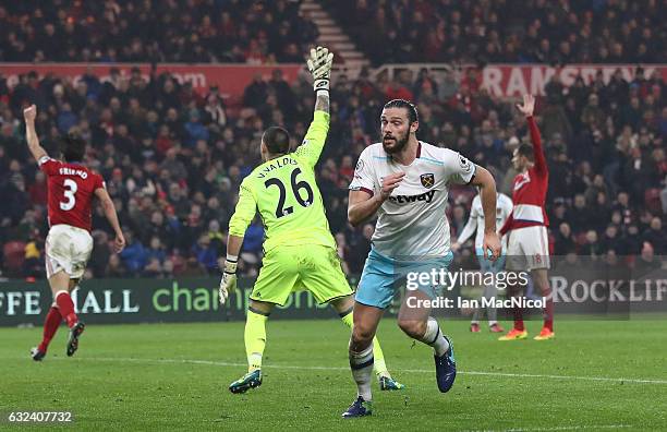 Andy Carroll of West Ham United turns to celebrate after scoring his second goal during the Premier League match between Middlesbrough and West Ham...