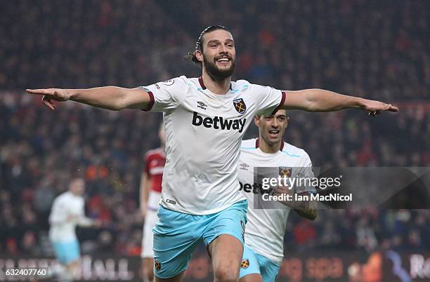 Andy Carroll of West Ham United turns to celebrate after scoring his second goal during the Premier League match between Middlesbrough and West Ham...