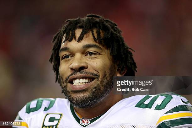 Julius Peppers of the Green Bay Packers looks on prior to the NFC Championship Game against the Atlanta Falcons at the Georgia Dome on January 22,...