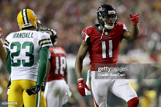 Julio Jones of the Atlanta Falcons signals a first down in the second quarter against the Green Bay Packers in the NFC Championship Game at the...