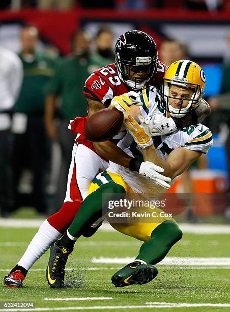 Robert Alford of the Atlanta Falcons breaks up a pass intended for Jordy Nelson of the Green Bay Packers in the second quarter in the NFC...