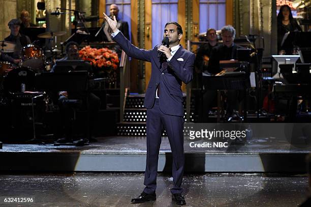 Aziz Ansari" Episode 1716 -- Pictured: Host Aziz Ansari during the stand-up monologue on January 21st, 2017 --