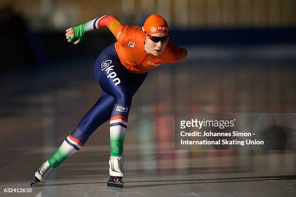 Sanne in 't Hof of the Netherlands competes in the women's junior 1500 m draw for the ISU junior world cup speed skating championships on January 22,...