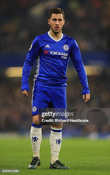 Eden Hazard of Chelsea in action during the Premier League match between Chelsea and Hull City at Stamford Bridge on January 22, 2017 in London,...