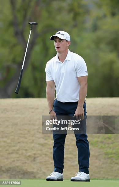 Bud Cauley reacts to a missed birdie putt on the 12th hole during the final round of the CareerBuilder Challenge in partnership with The Clinton...