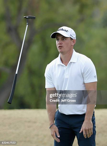 Bud Cauley reacts to a missed birdie putt on the 12th hole during the final round of the CareerBuilder Challenge in partnership with The Clinton...