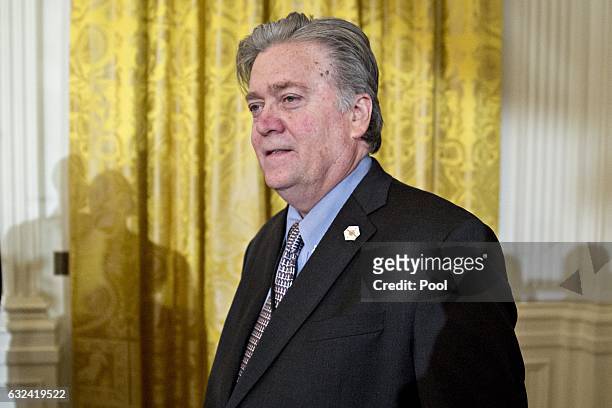Stephen "Steve" Bannon, chief strategist for U.S. President Donald Trump, arrives to a swearing in ceremony of White House senior staff in the East...