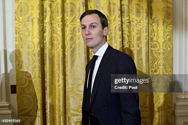 Jared Kushner, senior White House adviser, arrives to a swearing in ceremony of White House senior staff in the East Room of the White House on...