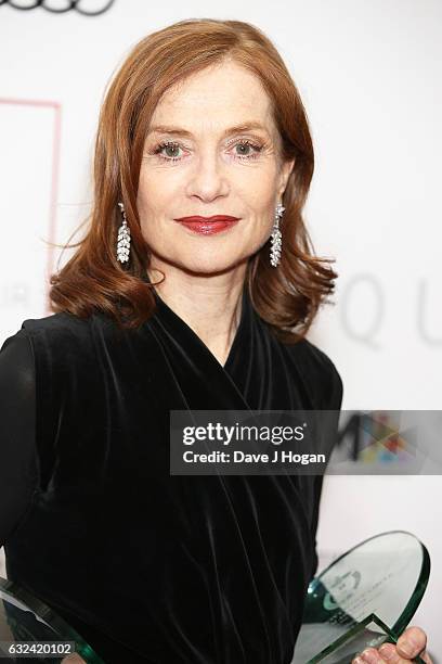 Isabelle Huppert with the awards for Actress of the Year and The Dilys Powell Award at the Critics' Circle Film Awards at The Mayfair Hotel on...