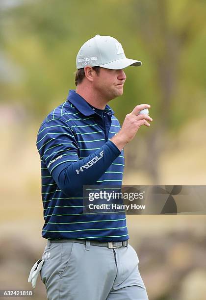 Hudson Swafford reacts to his birdie putt on the 16th hole during the final round of the CareerBuilder Challenge in partnership with The Clinton...