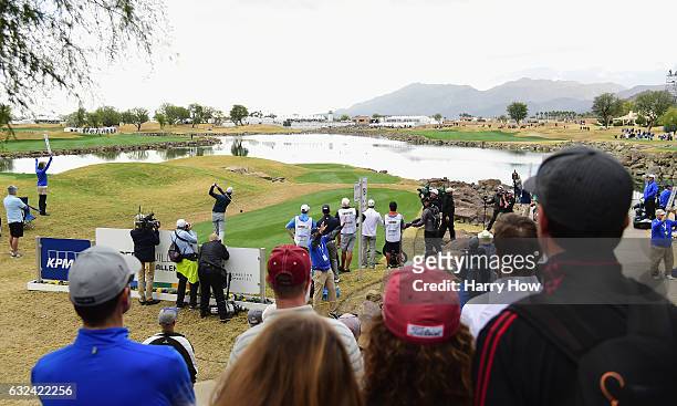 Hudson Swafford plays his shot from the 18th tee during the final round of the CareerBuilder Challenge in partnership with The Clinton Foundation at...