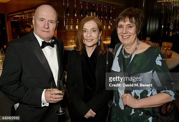 Dave Johns, Isabelle Huppert and Rebecca O'Brien attend The London Critics' Circle Film Awards after party in the May Fair Bar at the May Fair Hotel...