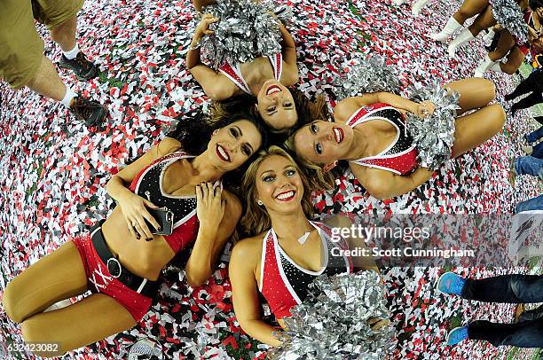 The Atlanta Falcons cheerleaders celebrate after defeating the Green Bay Packers in the NFC Championship Game at the Georgia Dome on January 22, 2017...