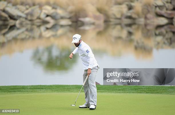 Adam Hadwin of Canada reacts to his putt during the final round of the CareerBuilder Challenge in partnership with The Clinton Foundation at the TPC...