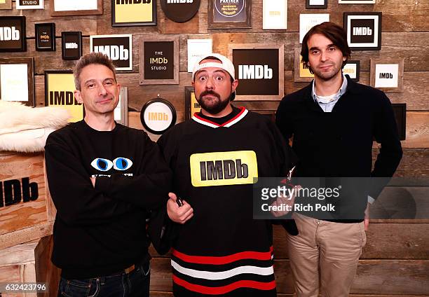 Musician Adam Horovitz and director Alex Ross of "Golden Exits" pose with Kevin Smith at The IMDb Studio featuring the Filmmaker Discovery Lounge,...