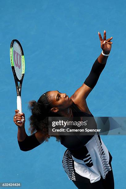 Serena Williams of the United States serves in her fourth round match against Barbora Strycova of the Czech Republic on day eight of the 2017...