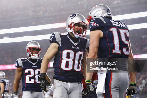 Chris Hogan of the New England Patriots celebrates with Danny Amendola after scoring a touchdown during the first quarter against the Pittsburgh...