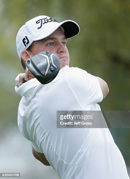 Bud Cauley plays his shot from the 18th tee during the final round of the CareerBuilder Challenge in partnership with The Clinton Foundation at the...