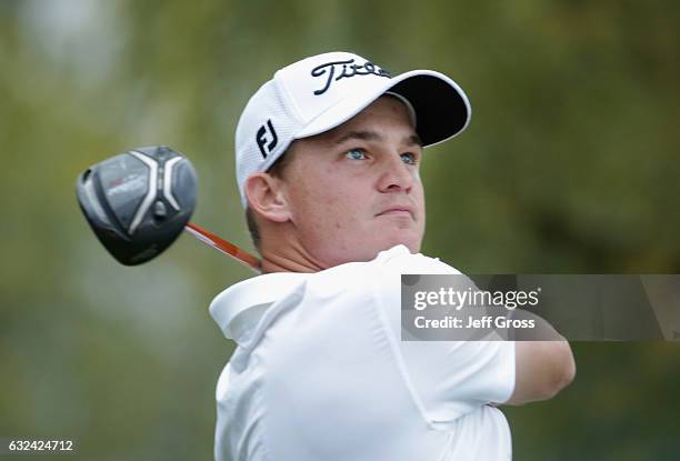 Bud Cauley plays his shot from the 18th tee during the final round of the CareerBuilder Challenge in partnership with The Clinton Foundation at the...