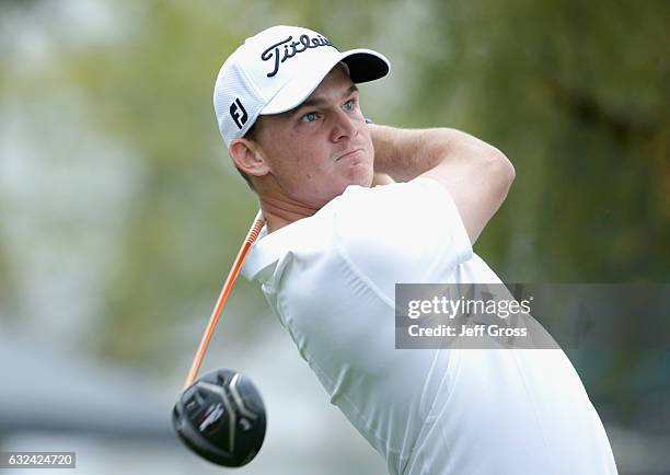 Bud Cauley plays his shot from the 18th tee during the final round of the CareerBuilder Challenge in partnership with The Clinton Foundation at the...