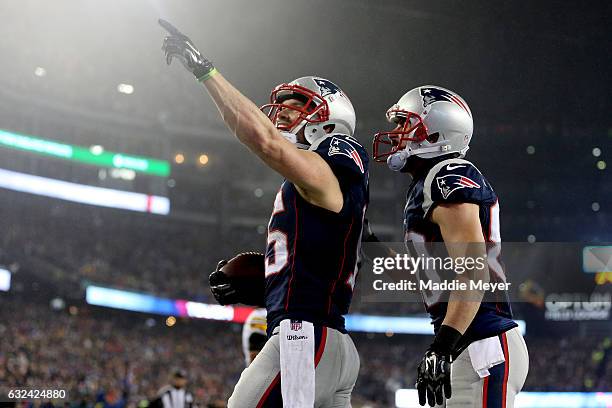 Chris Hogan of the New England Patriots celebrates with Danny Amendola after scoring a touchdown during the first quarter against the Pittsburgh...