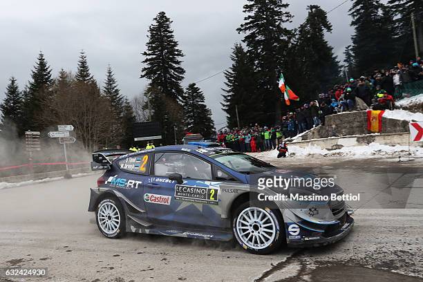 Ott Tanak of Estonia and Martin Jarveoja of Estonia compete in their M-Sport WRT Ford Fiesta WRC during Day Four of the WRC Monte-Carlo on January...