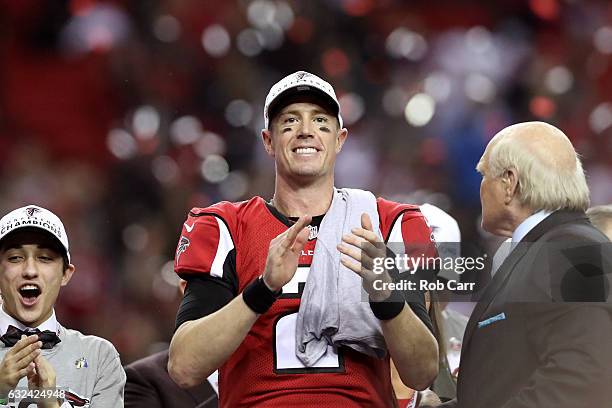 Matt Ryan of the Atlanta Falcons celebrates after defeating the Green Bay Packers in the NFC Championship Game at the Georgia Dome on January 22,...