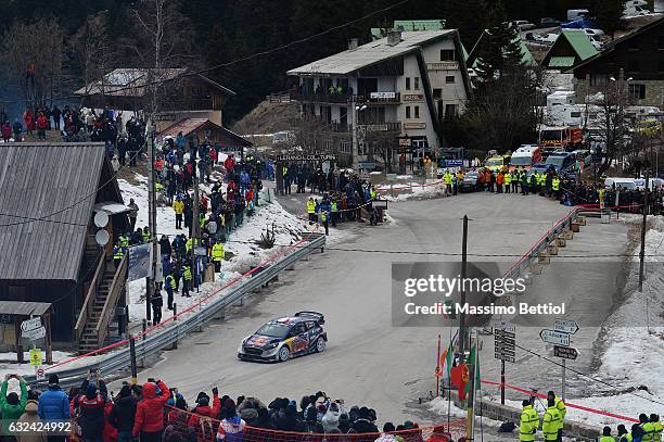 Sebastien Ogier of France and Julien Ingrassia of France compete in their M-Sport WRT Ford Fiesta WRC during day four of the WRC Monte-Carlo on...