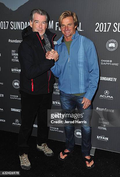 Actor Pierce Brosnan and Laird Hamilton attend the "TAKE EVERY WAVE: The Life Of Laird Hamilton" Premiere on day 4 of the 2017 Sundance Film Festival...
