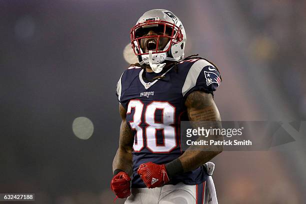 Brandon Bolden of the New England Patriots reacts during the first half against the Pittsburgh Steelers in the AFC Championship Game at Gillette...