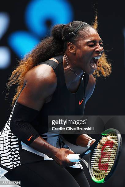 Serena Williams of the United States celebrates a point in her fourth round match against Barbora Strycova of the Czech Republic on day eight of the...