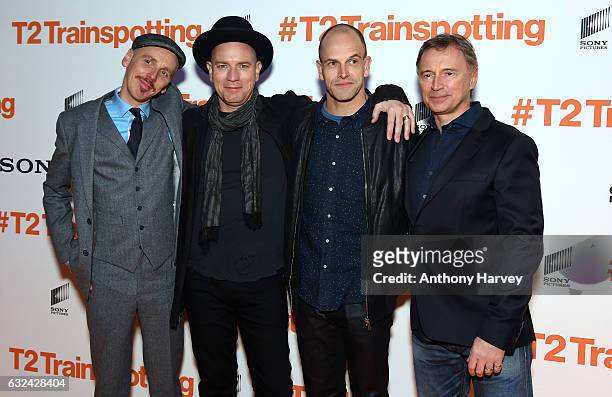 Actors Ewen Bremner, Ewan McGregor, Jonny Lee Miller and Robert Carlyle attend the 'T2 Trainspotting' world premiere on January 22, 2017 in...