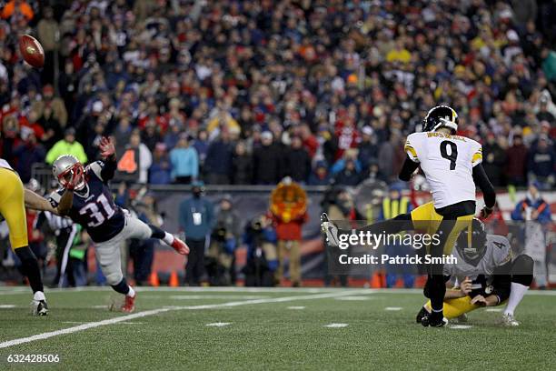Chris Boswell of the Pittsburgh Steelers kicks a field goal during the second quarter against the New England Patriots in the AFC Championship Game...