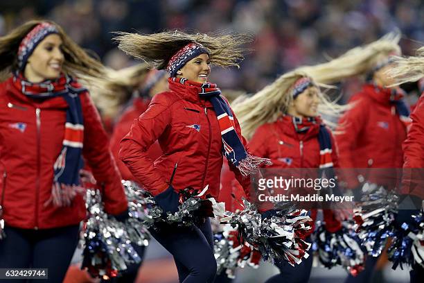 The New England Patriots cheerleaders perform during the second quarter in the AFC Championship Game against the Pittsburgh Steelers at Gillette...