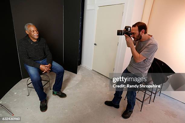 Actor Donald Glover and photograher Jeff Vespa behind the scenes in the WireImage Portrait Studio at AT&T At The Lift during the 2017 Sundance Film...