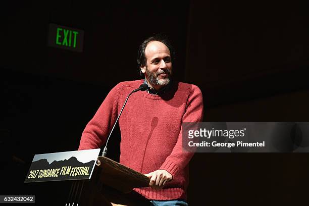 Flimmakers Luca Guadagnino speaks at the "Call Me By Your Name" Premiere on day 4 of the 2017 Sundance Film Festival at Eccles Center Theatre on...