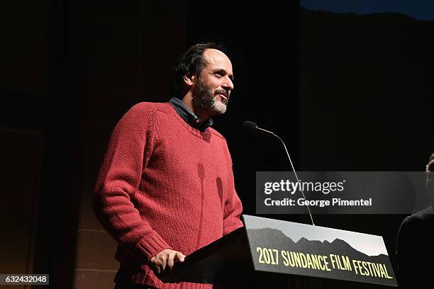 Flimmakers Luca Guadagnino speaks at the "Call Me By Your Name" Premiere on day 4 of the 2017 Sundance Film Festival at Eccles Center Theatre on...