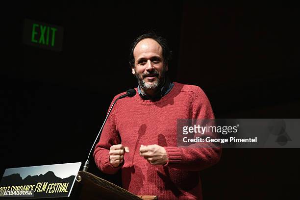 Flimmakers Luca Guadagnino speaks at the "Call Me By Your Name" Premiere on day 4 of the 2017 Sundance Film Festival at Eccles Center Theatre on...