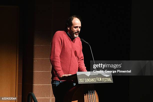 Flimmakers Luca Guadagnino speaks at the "Call Me By Your Name" Premiere on day 4 of the 2017 Sundance Film Festival at Eccles Center Theatre on...