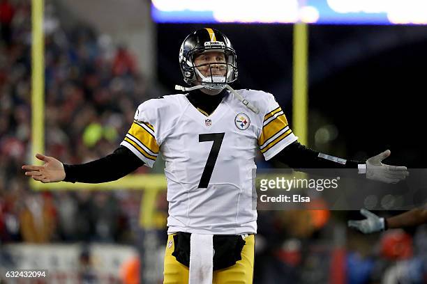 Ben Roethlisberger of the Pittsburgh Steelers reacts during the second half against the New England Patriots in the AFC Championship Game at Gillette...