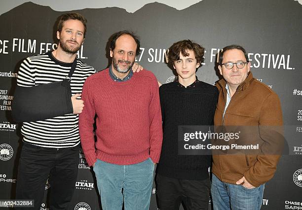 Armie Hammer, Flimmaker Luca Guadagnino, Timothee Chalamet, attend the "Call Me By Your Name" Premiere on day 4 of the 2017 Sundance Film Festival at...