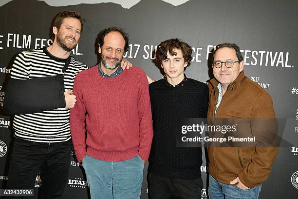 Armie Hammer, Flimmaker Luca Guadagnino, Timothee Chalamet, attend the "Call Me By Your Name" Premiere on day 4 of the 2017 Sundance Film Festival at...