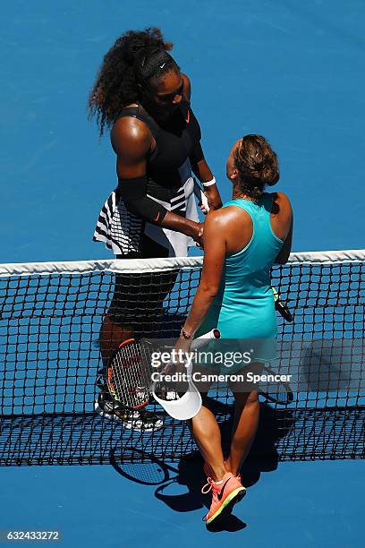 Serena Williams of the United States celebrates winning her fourth round match against Barbora Strycova of the Czech Republic on day eight of the...
