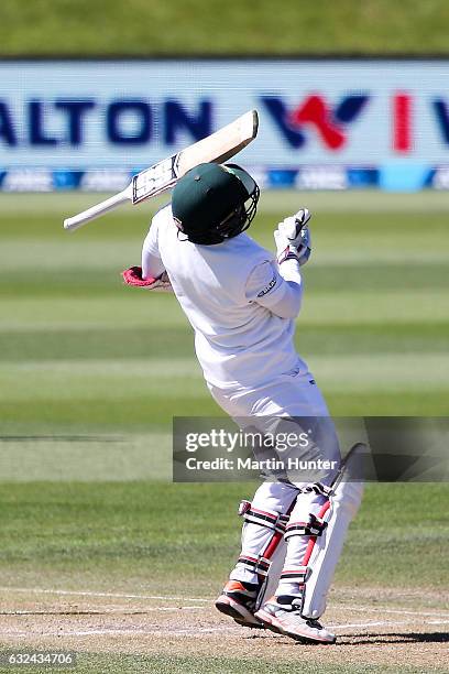 Sabbir Rahman of Bangladesh losses control of his bat during day four of the Second Test match between New Zealand and Bangladesh at Hagley Oval on...