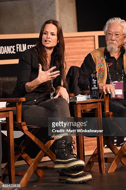 Heather Rae and David Suzuki speak on stage at the New Climate Lunch Roundtable on day 4 of the 2017 Sundance Film Festival at Wahso Asian Grill on...