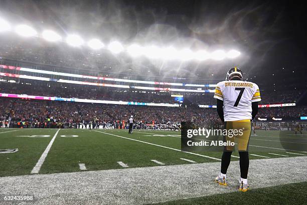 Ben Roethlisberger of the Pittsburgh Steelers looks on from the sideline during the second half against the New England Patriots in the AFC...