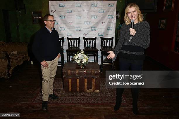 Trevor Drinkwater and Geena Davis speak to a crowd at the Bentonville Film Festival Hosted Cocktails and Conversation event at Rock & Reilly's on...